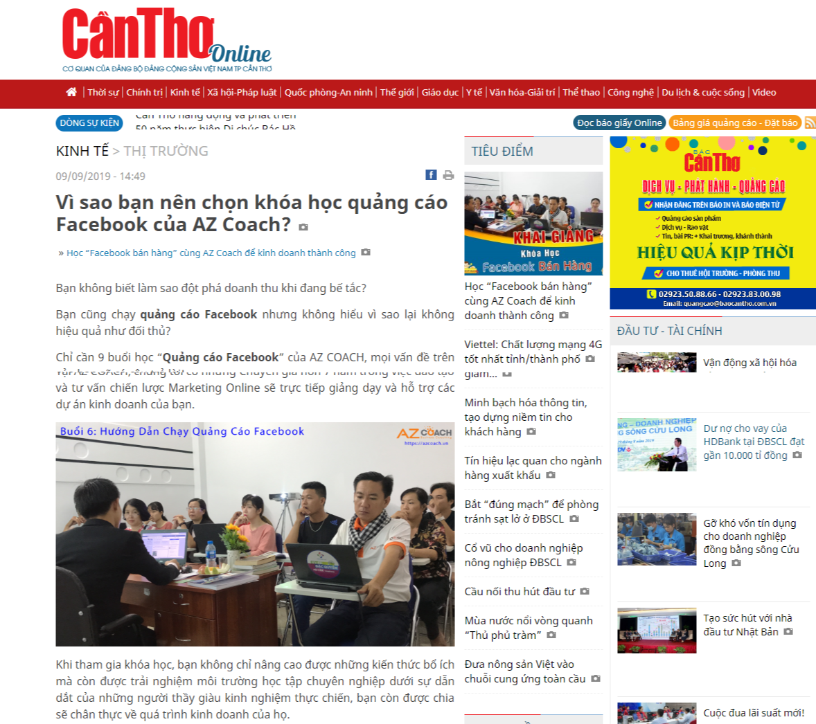 Báo Cần Thơ Online nói gì về khóa học QUẢNG CÁO Facebook của AZ COACH 